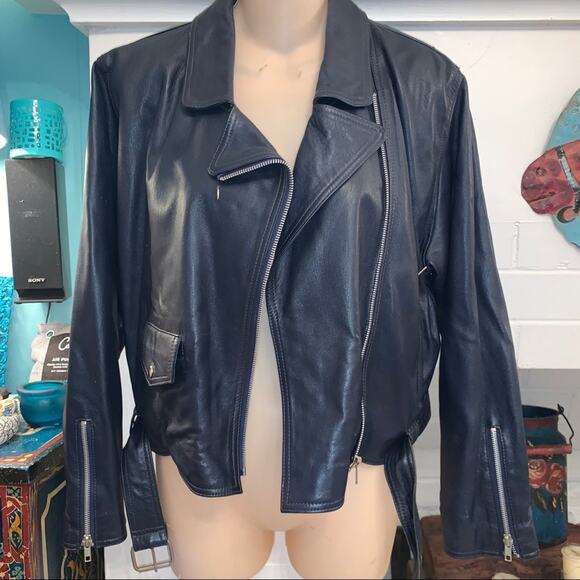 VINTAGE EIGHTIES 80s NAVY BLUE ITALIAN LEATHER BIKER MOTO JACKET ITALY 40 - Picture 9 of 9